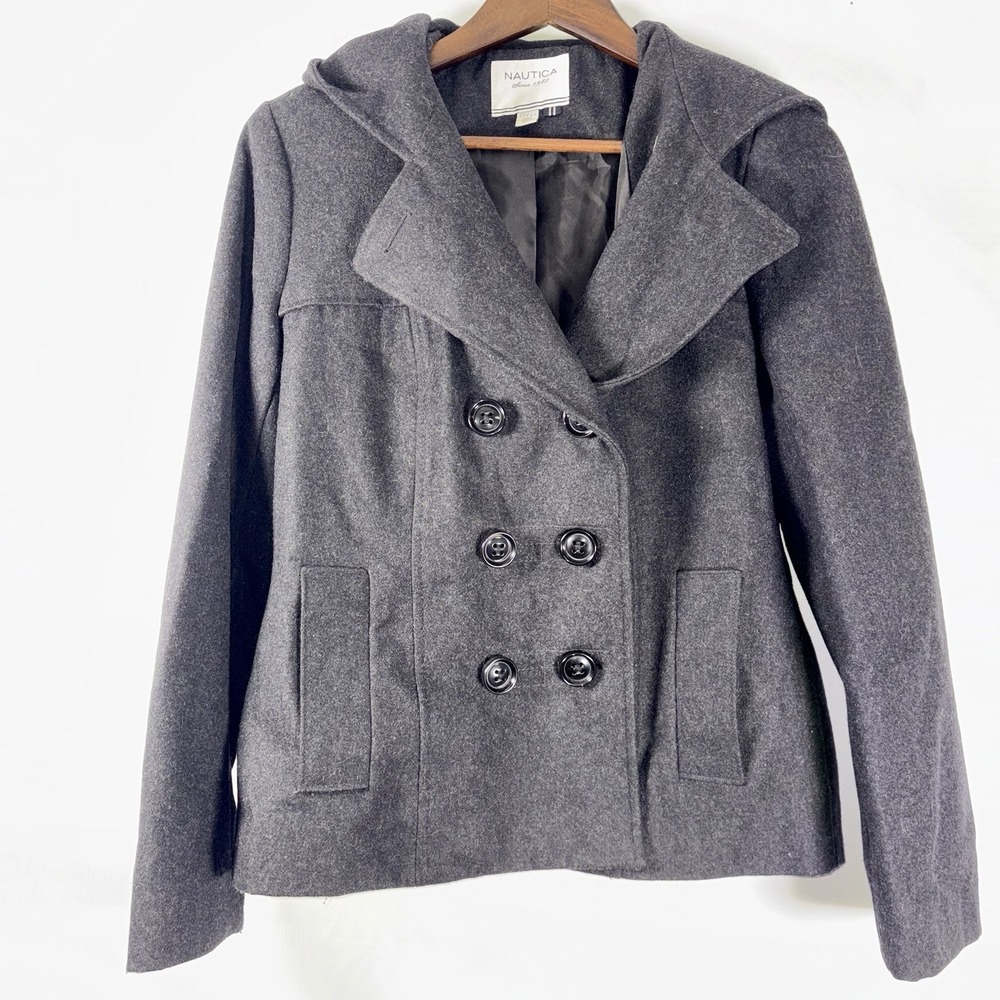 Nautica Women's Hooded Wool Blend Double Breasted Peacoat Charcoal Winter Small